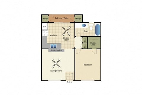 Floor plan for 1 bed, 1 bath, 590 sqft